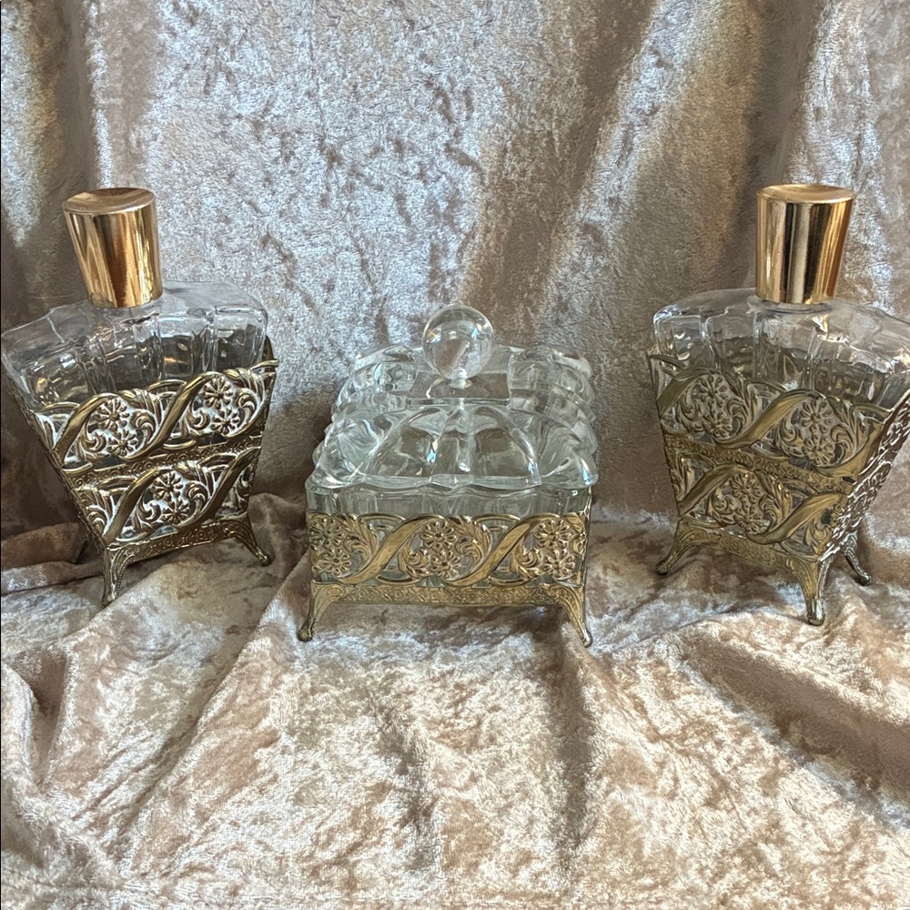 Vintage Elegant Gold and Glass Trinket Box and Perfume Bottles
